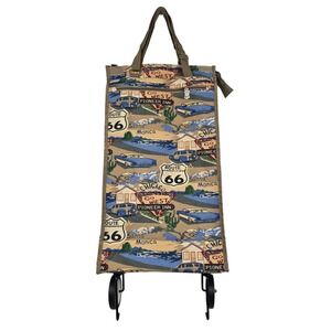 Route 66 Americana Rolling Shopping Cart Tapestry Tote Collapsible Vintage Style